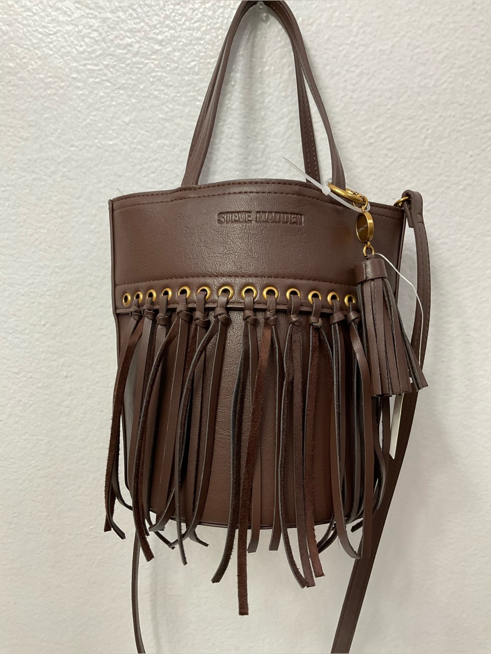 NWT Steve Madden Brown Fringe Bucket Shoulder Bag with Tassel - Picture 4 of 12